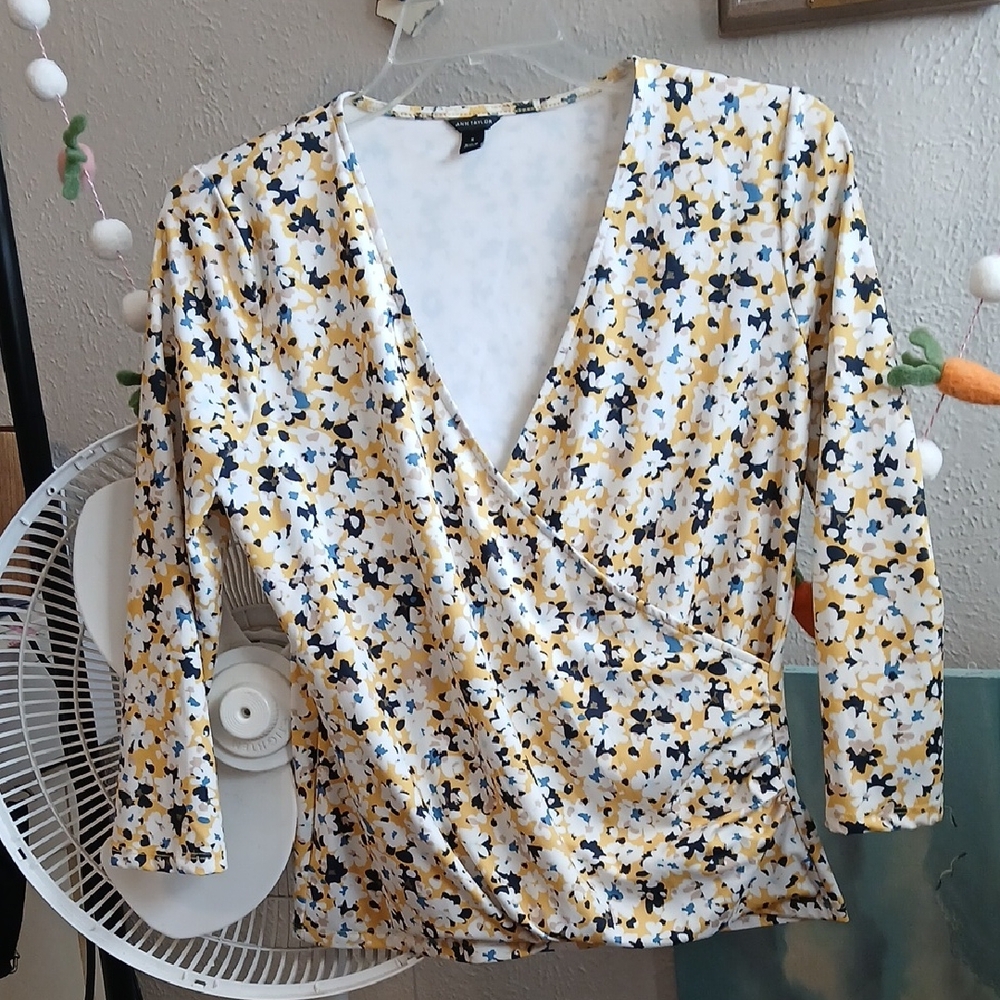 Ann Taylor Floral Wrap Blouse - Yellow and Black